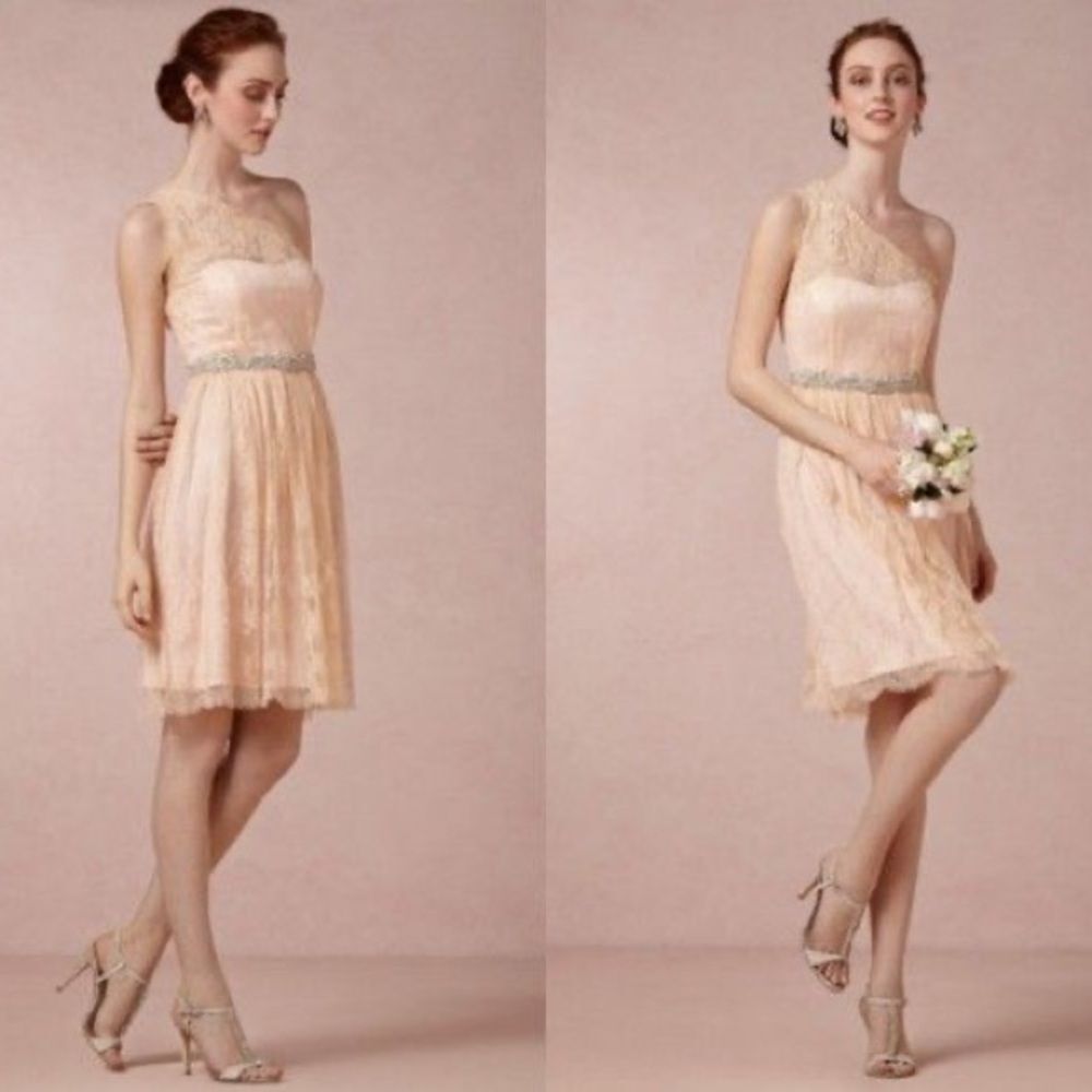 BHLDN Va Et Vien Ariel One Shoulder Blush Pink Lace Dress, Size 2 - No belt